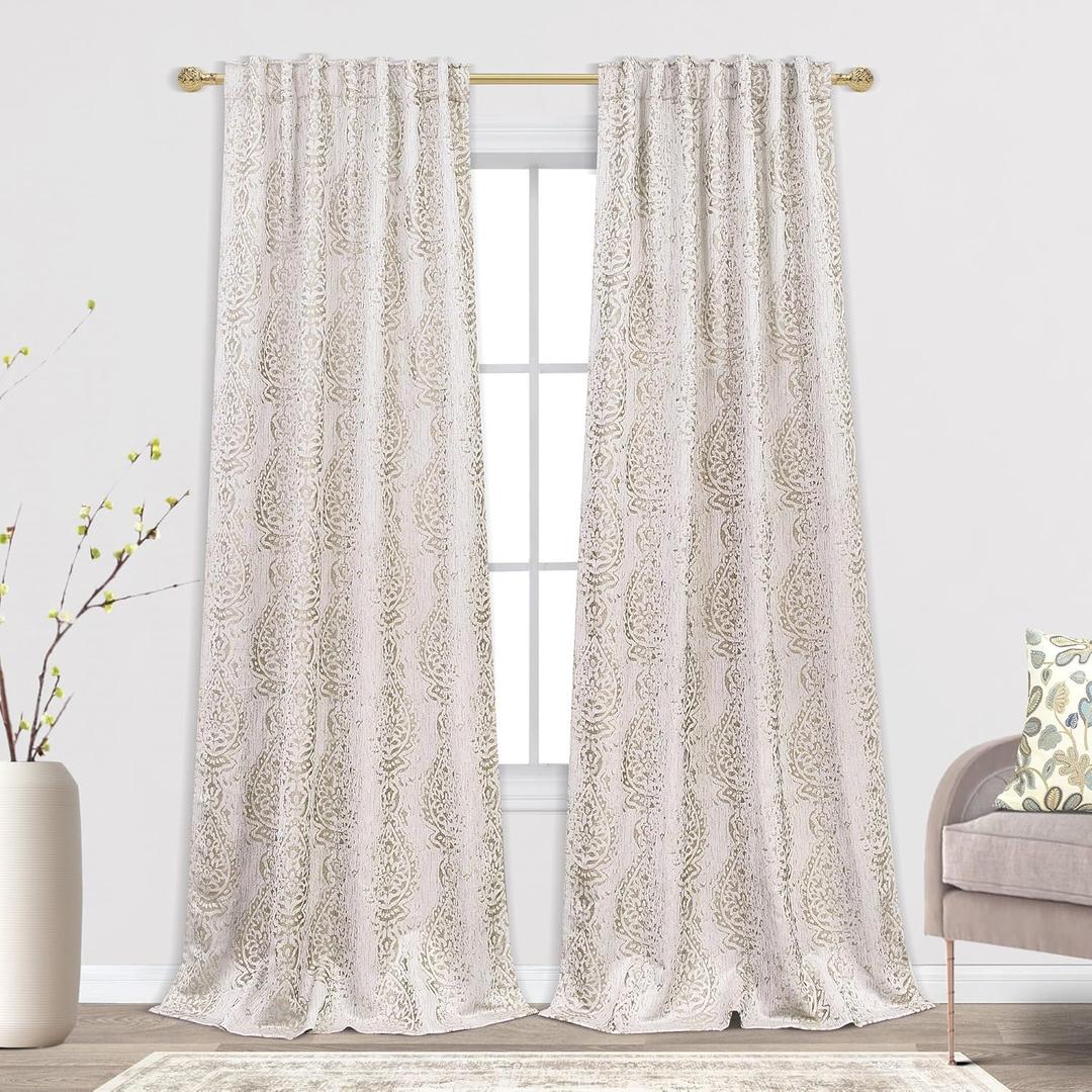 Mrs.Naturall Taupe Damask Patterned Neutral Curtains for Living Room, Light Brown and Tan Grey Decorative Semi Blackout Fancy Geometric Curtains for Bedroom, 84 Inches Long (52"W x 84"L (Pack of 2))