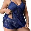 SOLY HUX Women's Plus Size 2 Piece Lingerie Set Lace Sheer V Neck Sleeveless Top and Shorts Set Sleepwear (3X-Large Plus, Dark Blue)