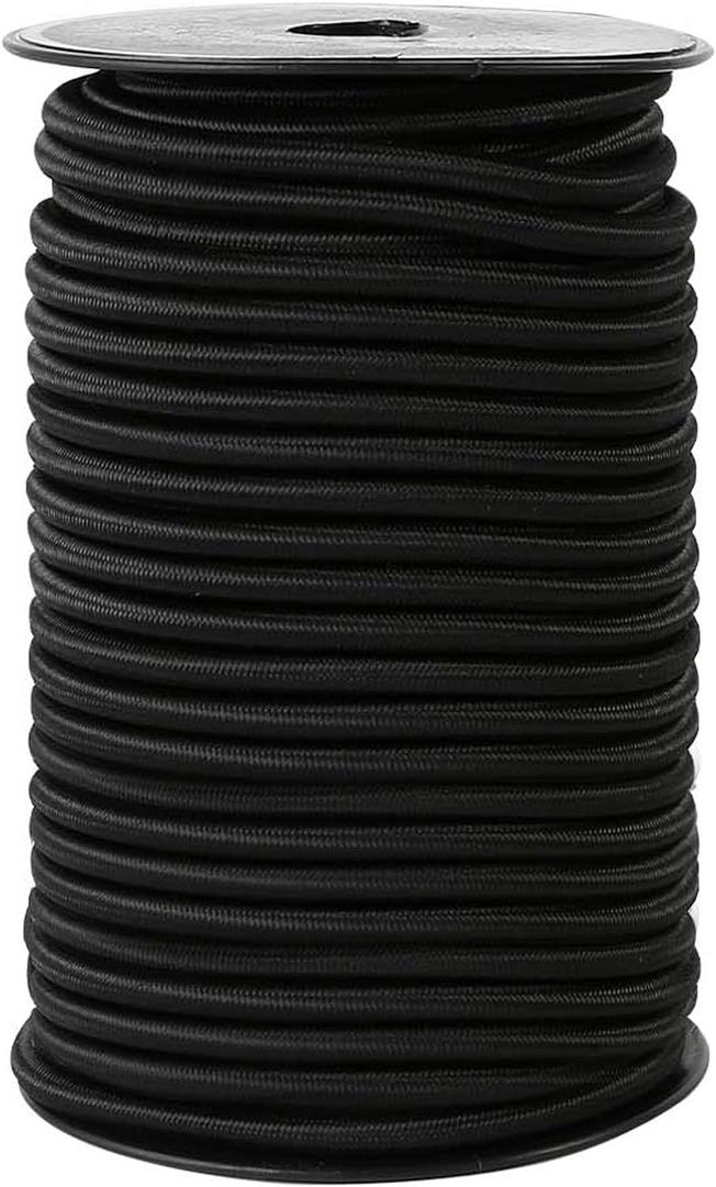 Strong and Durable Bungee Cord Roll - 1/4" x 100ft Elastic Cord, Kayak Stretch String Rope, Bungee Shock Cords for Repairing Tent Poles, DIY, Tie Downs, Black