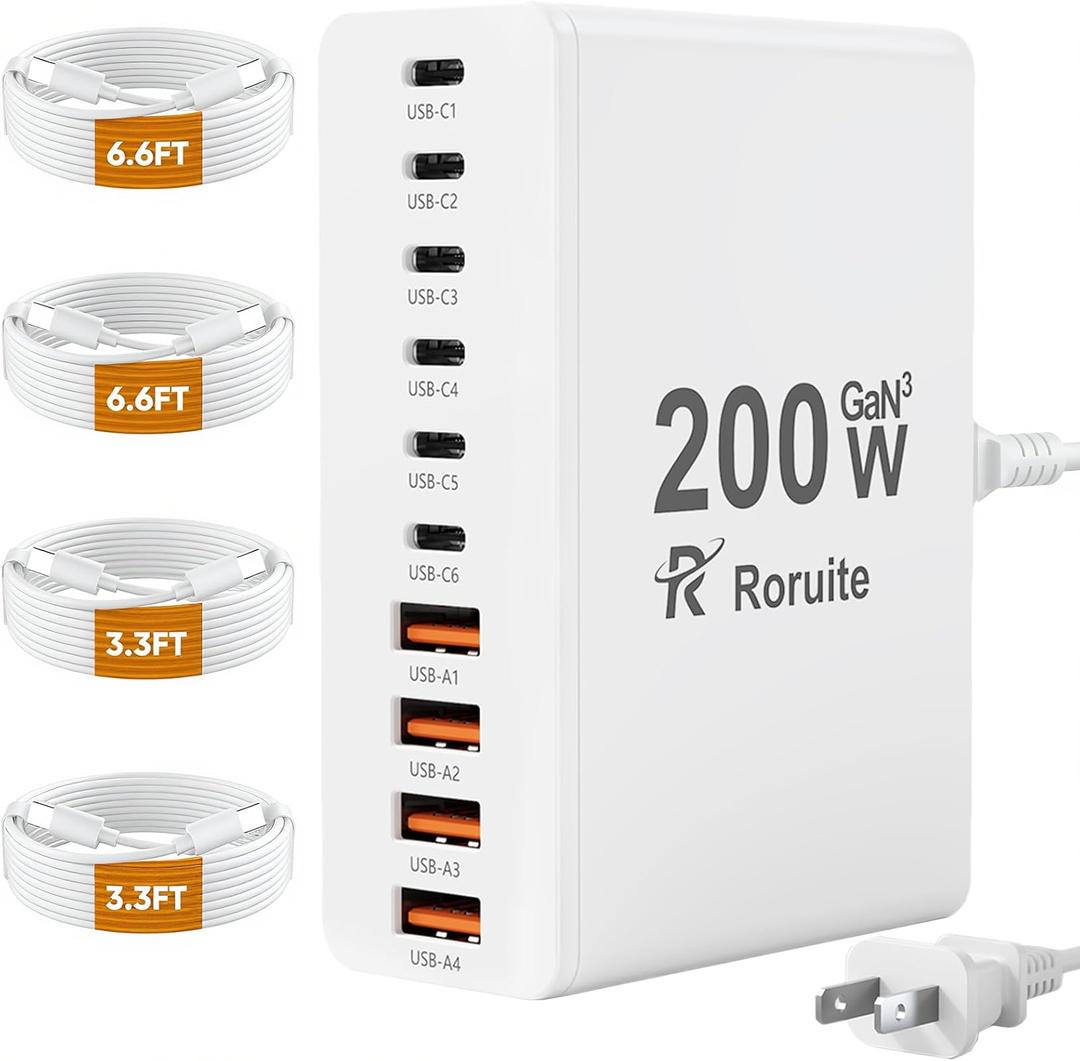 USB C Charging Station 10 Port with 4 Cables,200W GaN Type C Charger Block,Wall Charger Power Strip Adapter Plug for iPad iPhone17 16 15 14 13 12 Pro Max Pixel Note Galaxy