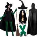 Berlune 7 Pcs Halloween Witch Costume Set for Women Black Witch Hat Cape Black Long Hair Green Gloves Velvet Stockings Rings Movie Halloween Outfit Party Cosplay