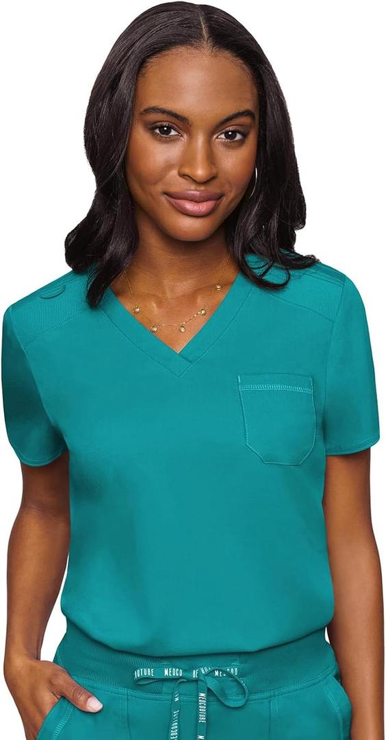 Med Couture Women's V-Neck Scrub Top, Modern Fit Tuck-in Top with Stretchy Rib-Knit Shoulders and Chest Pocket - MC7448 (Teal, M)