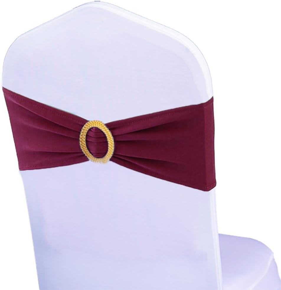 Pack of 100 Spandex Dark Burgundy Chair Sashes with Gold Buckles, Stretch Chairs Sashes for Wedding Party Bridal Shower Event Decor Chair Bands Bows (Dark Burgundy Sashes, Gold Buckles)