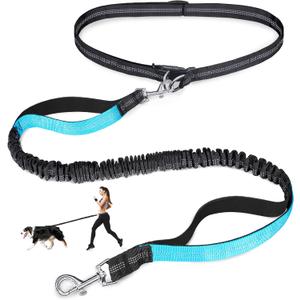 Laqibak Hands Free Dog Leash, Adjustable Waist Leash for Dog, Handle Bungee 4.2-6.7 Feet Long with Reflective Stitches for Walking Hiking Running, Fits 26"- 43" Waist, Black & Blue