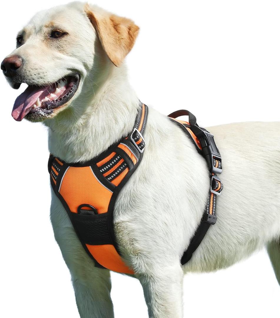 Eagloo Dog Harness for Large Dogs, No Pull Service Vest with Reflective Strips and Control Handle, Adjustable and Comfortable for Easy Walking, No Choke Pet Harness with 2 Metal Rings, Orange, L