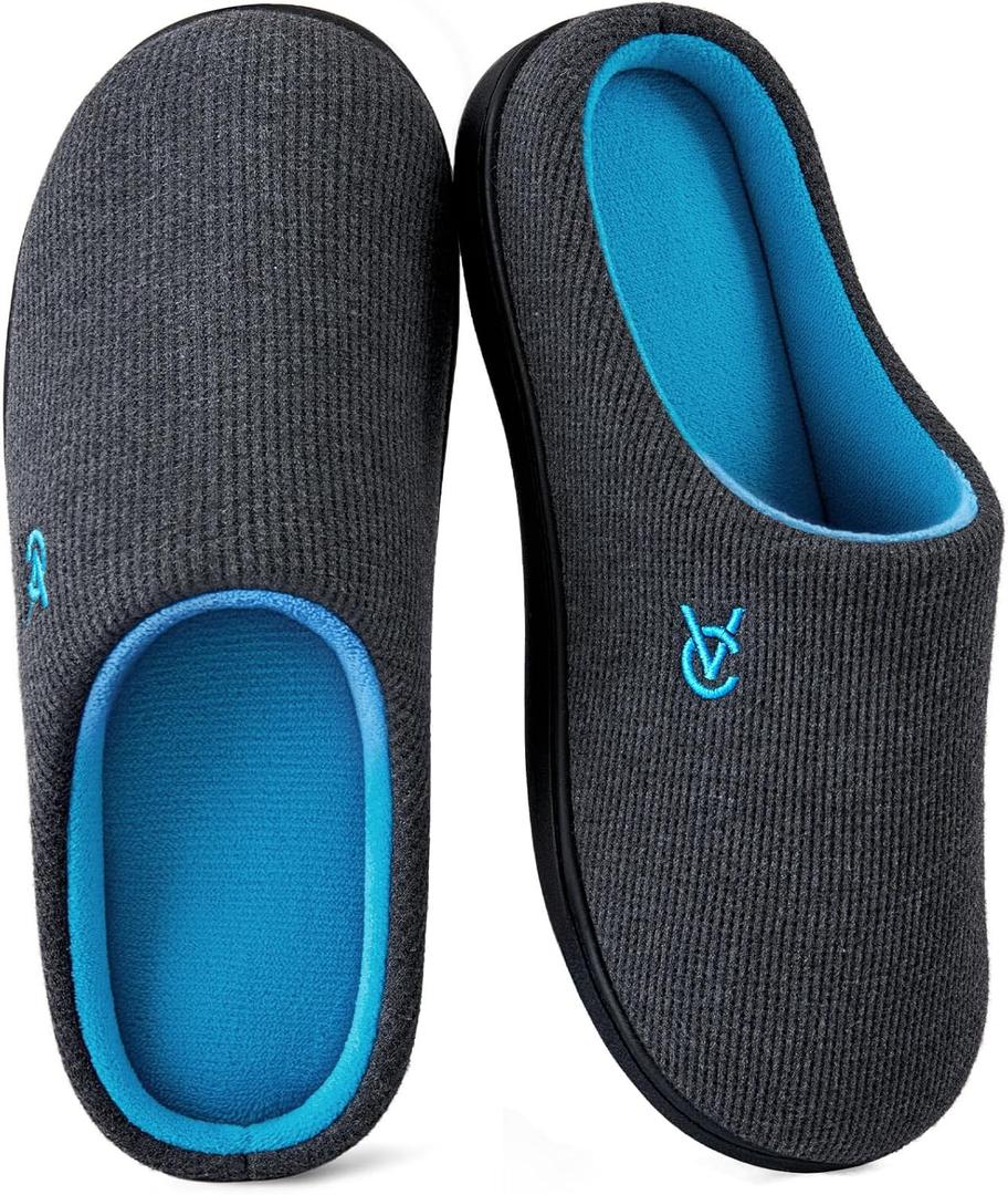 VeraCosy Women's Two-Tone Slippers Soft Comfy Knit Memory Foam Non-slip Indoor Outdoor House Shoes (9-10, Charcoal Cobalt)