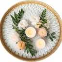 i-lan 16 Inch Round Mother of Pearl Inlay Rattan Platter Tray,Rattan Coffee Bread Serving Tray with MOP Inlay Wooden Base,Decorative Wicker Basket for Table Decor,Storage of Fruit,Candy