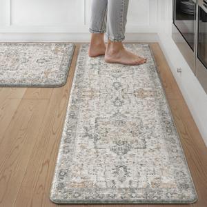 GENIMO Kitchen Mats for Floor 2PCs, Washable Anti Fatigue Mat for Cushioned, 17.3"x47"+17.3"x30", Waterproof Kitchen Rugs, Non Slip Comfort Standing Mat Rug for Home, Sink, Laundry, Light Taupe Brown