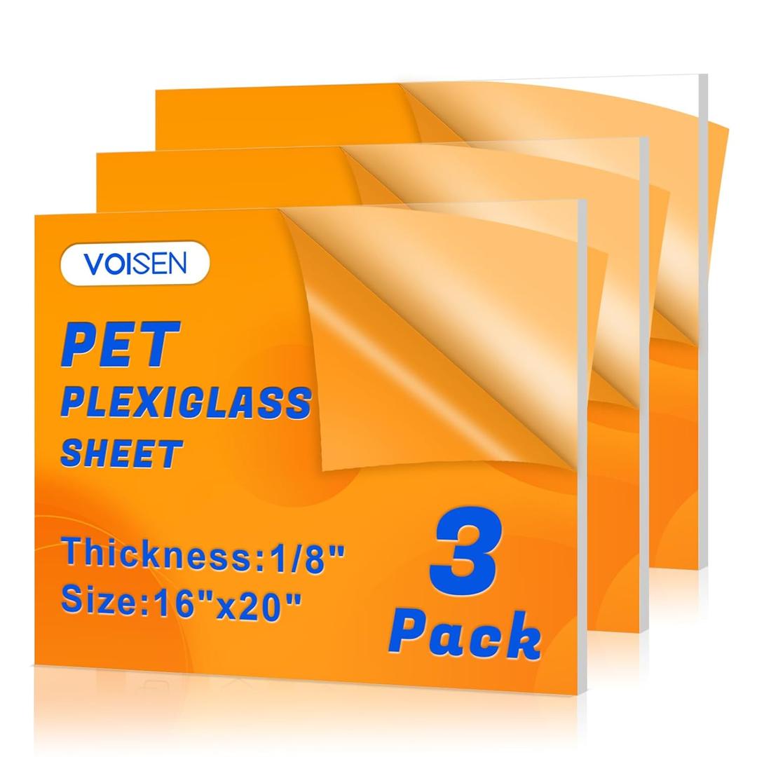 VOISEN 3 Pack Plexiglass Sheets 1/ 8 Inch Thick, 16"X20" Plexi Glass Panel, Plastic Sheet for Crafts, Signs, Display Cases, Sneeze Guard, Cut with Engraver, Power Saw or Hand Tools