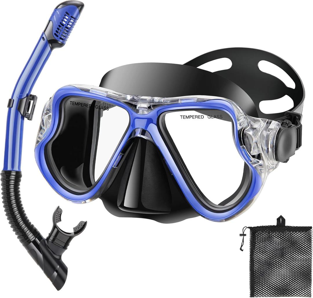 Snorkeling Gear for Kids, Dry Snorkeling Set, Panoramic Anti-Leak and Anti-Fog Tempered Glass Lens, Adjustable Strap Snorkel Set with Mesh Bag Ear Plug for Snorkeling Scuba Diving Travel (Blue)