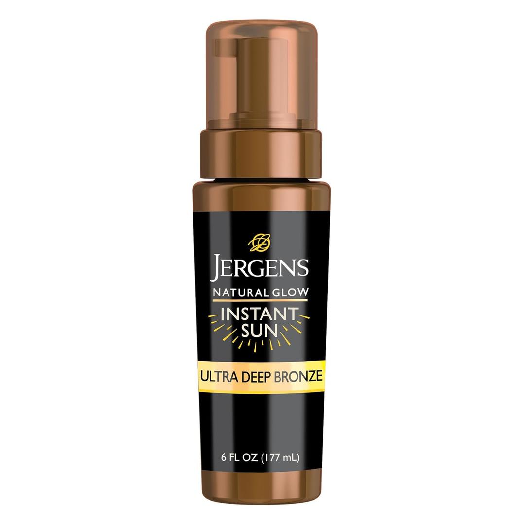 Jergens Natural Glow Instant Sun Body Mousse, Self Tanner for Ultra Deep Bronze Tan, Sunless Tanning Body Bronzer, Natural Looking Fake Tan, 6 Oz