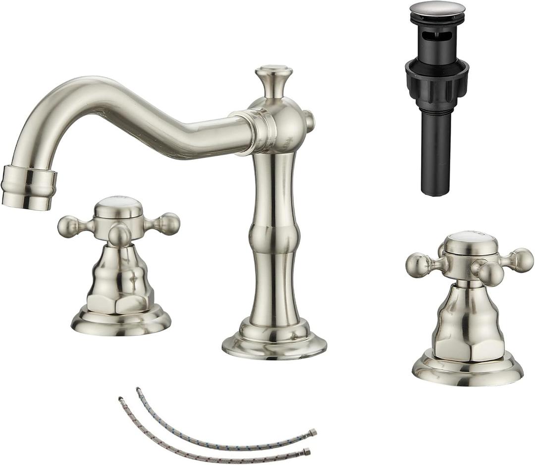 GGStudy 2 Handles 3 Holes Faucet Widespread Bathroom Sink Faucet Brushed Nickel Basin Tap Mixer Faucet Matching Pop Up Drain