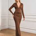 Long Sleeve Maxi Dress Deep V Neck Ruched Bodycon Elegant Semi Formal Wedding Guest Dresses for Women 2025 (Brown)