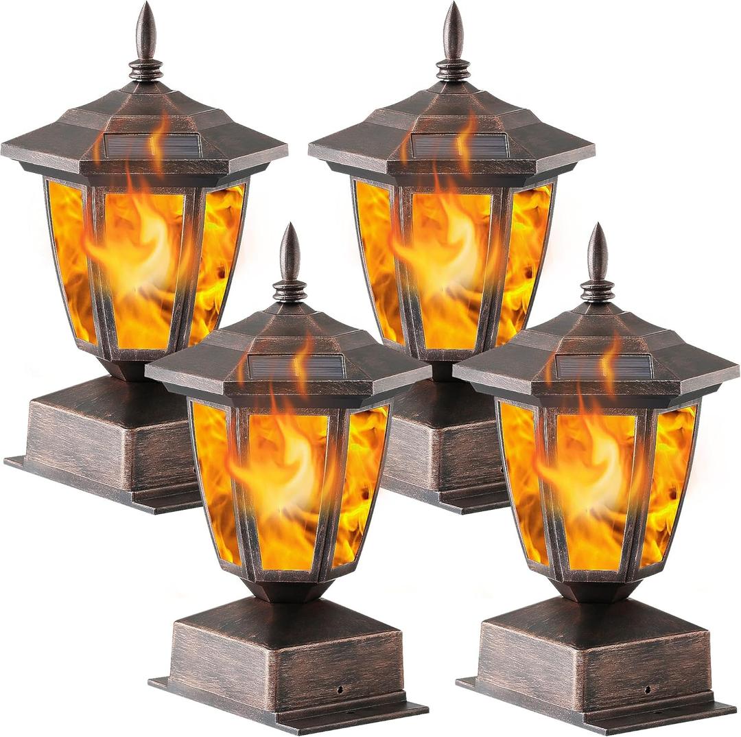 Dynaming 4 Pack Solar Flame Post Lights Outdoor, Solar Powered Lamps Fence Post Cap Lights, Flickering Flame LED Lantern Waterproof for Garden Deck Patio, Fit 4x4, 5x5 or 6x6 Wooden Posts, Bronze