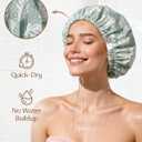 Yanibest Satin Lined Shower Cap for Women Reusable Waterproof, Frizz Free & Large Bath Cap with Soft Elastic Band, Luxury Hair Protection Caps (Green Leaves)