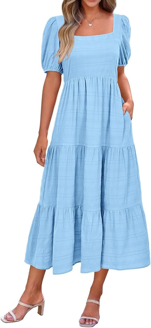 PRETTYGARDEN Women's Summer Dresses 2026 Puff Sleeve Square Neck High Waist Smocked A-Line Flowy Loose Fit Midi Dress (Blue, S)