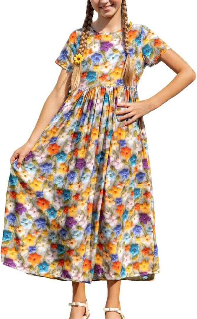 RONGTAI Girls 3D Dress for Girls Printed Short Sleeves Casual Summer Dresses with Pockets for 4-15Y Kids Outfits (Flower-02)