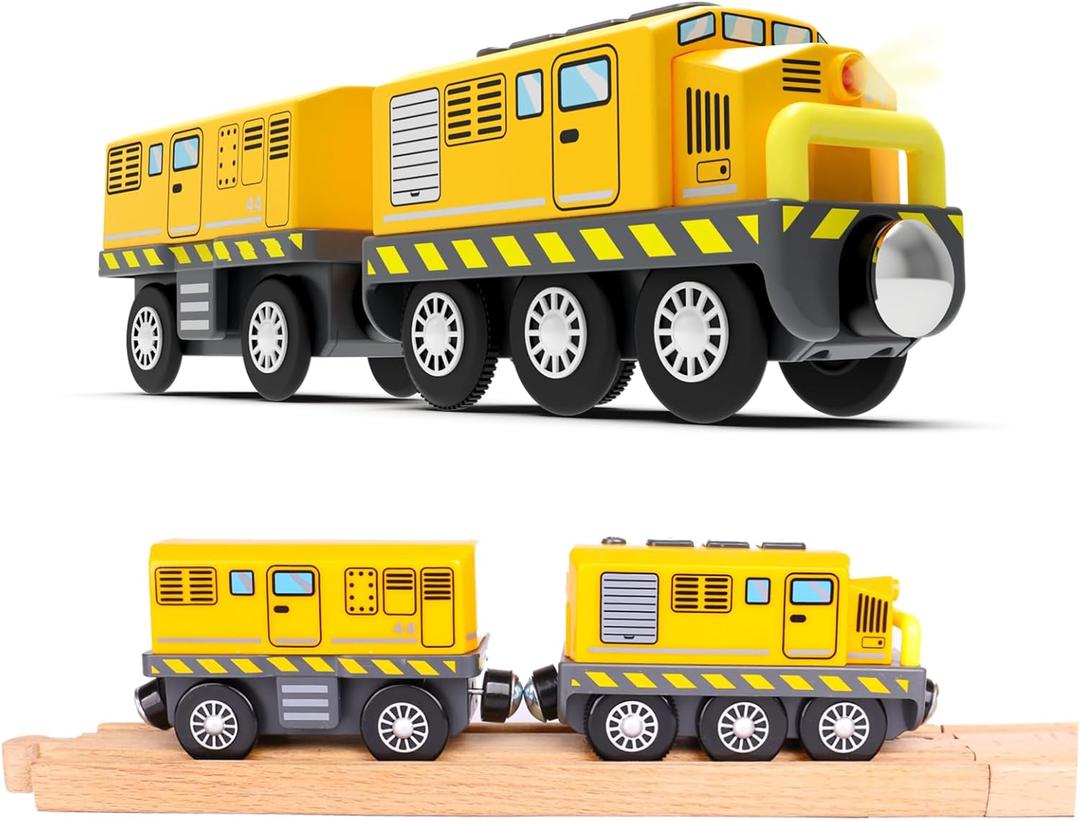 Motorized Train Toys for Wooden Tracks,Battery Operated Locomotive Train with Magnetic Connection Compatible with Thomas, Brio Accessories Toys for Boys Age 3 and Up (Yellow)