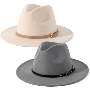 Lisianthus 2 Pack Women & Men Classic Wide Brim Belt Buckle Fedora Hat (Medium, Set 7)