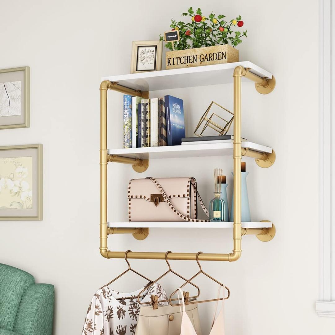 HOMEKAYT 24" Industrial Pipe Shelving, Floating Wall Shelves 3 Tier Gold Shelves with Haning Rod Multiple Use for Kitchen, Bedroom,Living Room,Bathroom