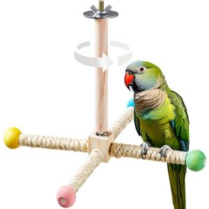 Large Bird Stand Perch Toy for Cage, Interactive Spinning Toys, Wooden Exercise Wheel Quaker Toy, Enrichment Bird Cage Accessories Perch Toys for Medium-Sized Birds Cockatiel Ring-Necked Caique (L) (Hemp Rope)