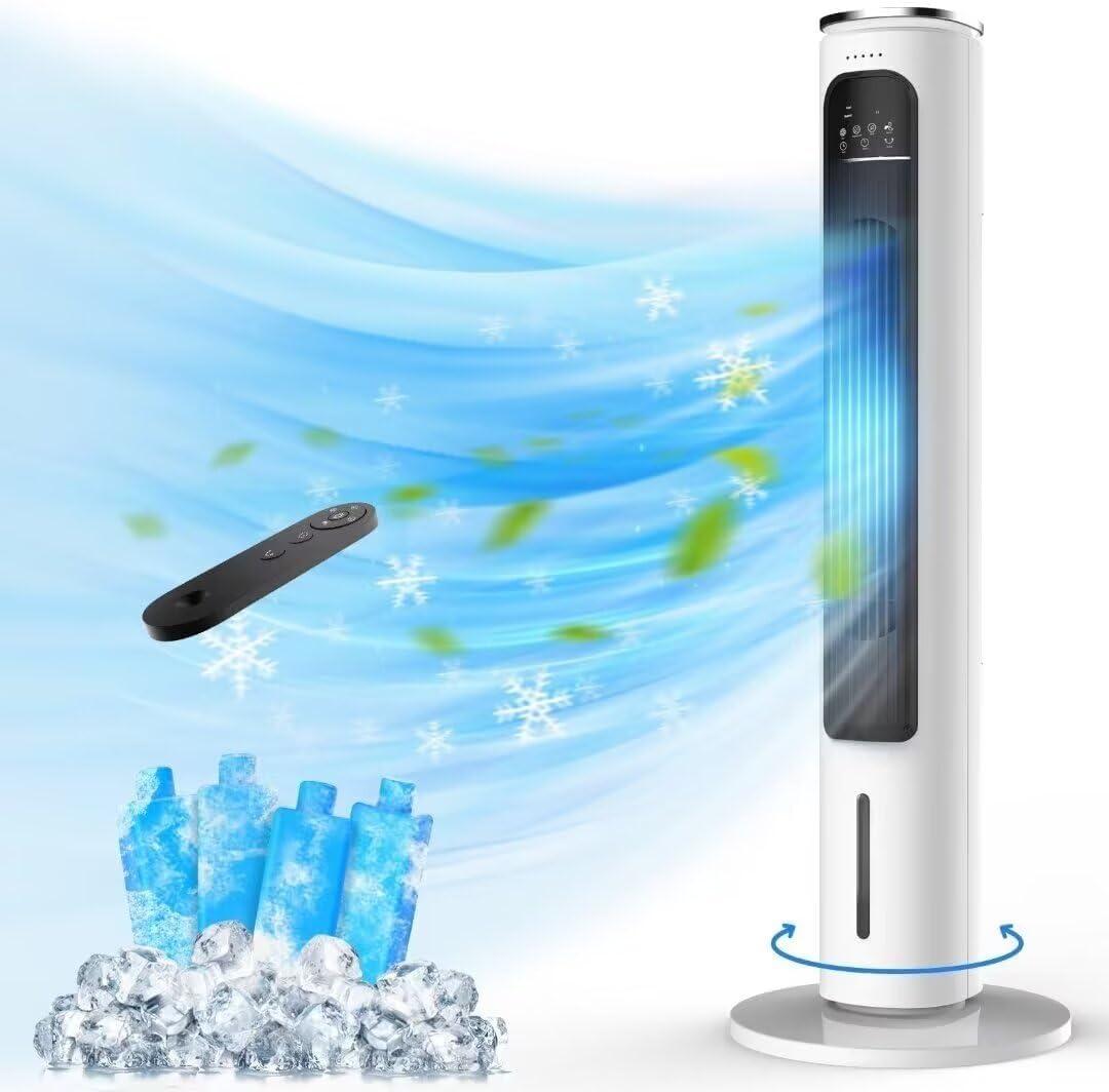 FLOWBREEZE Windowless Portable Air Conditioners, 37’’ Evaporative Air Cooler w/Remote, 2.5L Water Tank & 4 Ice Packs, 12H Timer Auto-off, 70° Oscillating, Quiet Cooling Tower Fan For Home Office