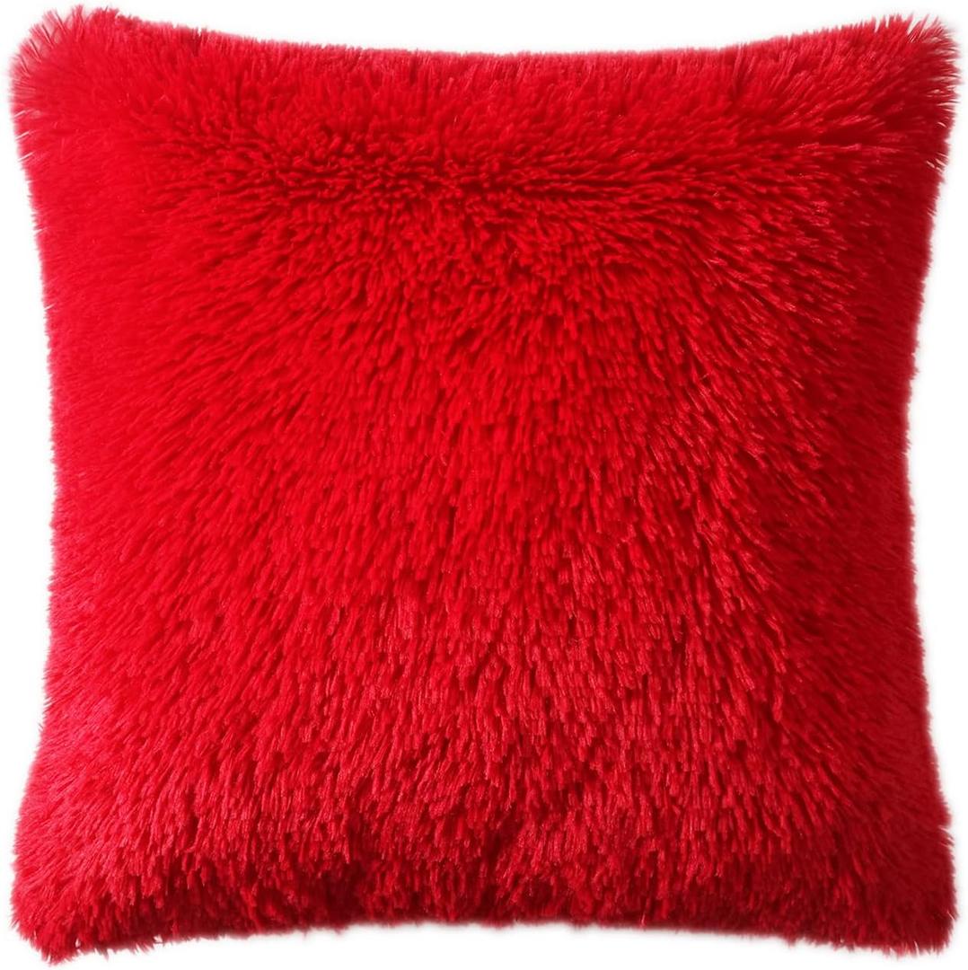 DECOBIRD Decorative Extra Soft Fuzzy Faux Fur Cushion Cover 20x20 Inch Double Sides Long Hair Shaggy Throw Pillow Cover Fluffy Cozy Plush Comfy Microfiber Fleece 100% Polyester Bright Red, 1 Piece