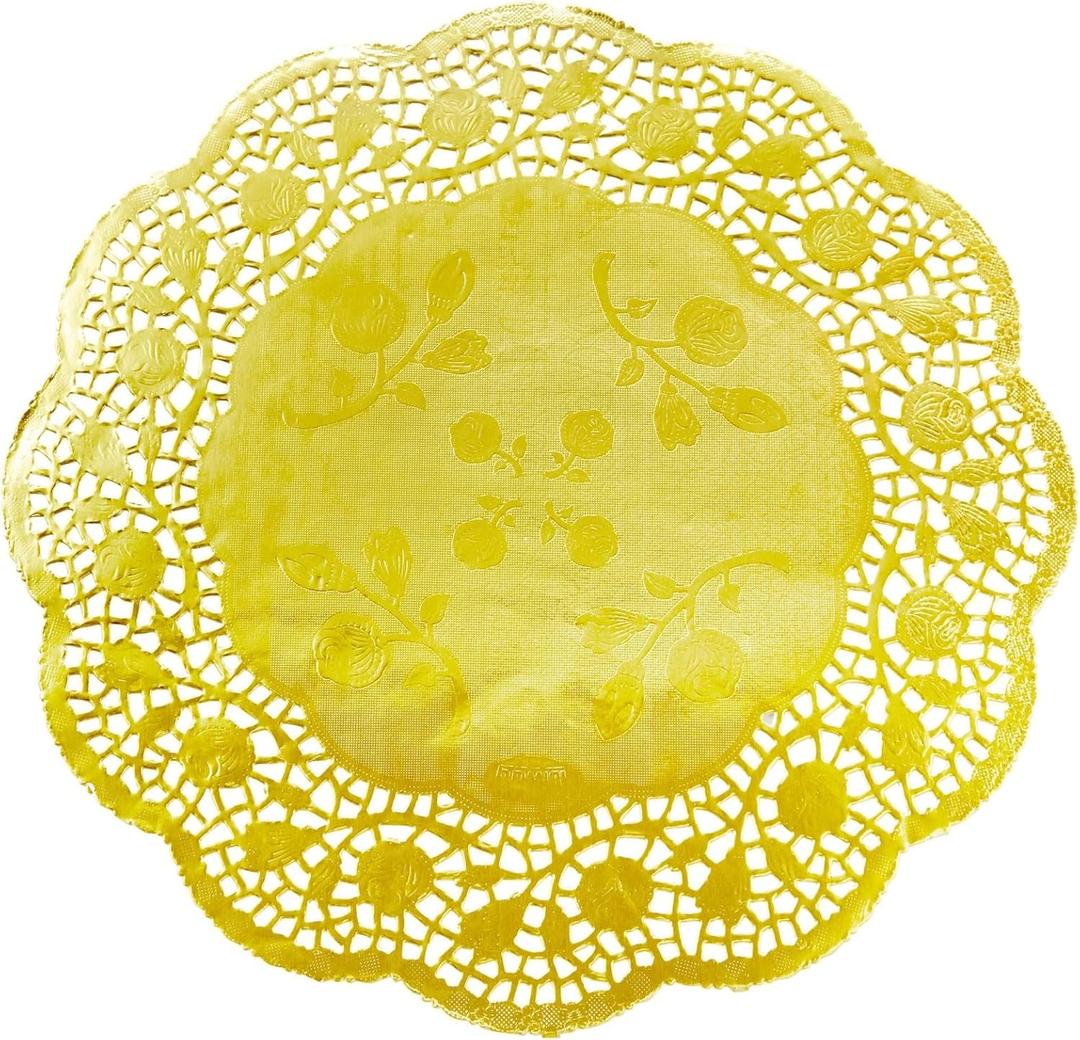 Juvale Gold Placemats - 12-Inch, 100 Count, Round Paper Doilies - Disposable Placemats for Party & Charger Plates Bulk Wedding 100 - Doilies for Dessert Trays