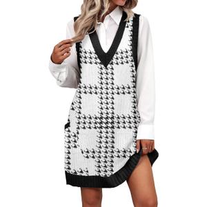 Zeagoo Womens Sweater Vest Dress Pattern Knitted Pullovers Sweaters V Neck Tank Sweater Dress with Pockets (X-Large, White Plaid)