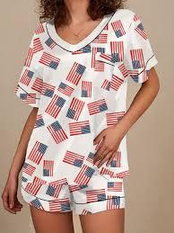 ICNGLKSND Women 4th of July Satin Pajamas 2 Piece Set V Neck Top Elastic Drawstring Waist Shorts Lounge Set Sleepwear Size L