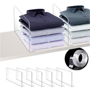 Shelf Dividers - Clear Plastic Acrylic Tall Cabinet Shelf Dividers Organizer for Wood Shelves Closets - Shelf Separators in Closet for Clothes (6 Pack)