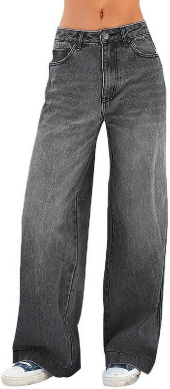 EMMIOL Women's 2026 Wide Leg Jeans Distress Mid Waist Denim Pants Vintage Y2K Trousers,XL