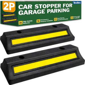 Pack of 2 Garage Parking Aid, 16.9'' Parking Stopper for Garage, Heavy Duty Rubber Garage Car Stopper with Reflective Yellow Tape Curb, Parking Gadgets Protects Garage Walls and Car