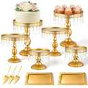 Chicmount 8 Pcs Gold Cake Stand Set Metal Dessert Table Display Set Round Cake Stand with Crystal Bling Pendants Cupcake Trays for Wedding Birthday Baby Shower Event Party Anniversary Celebration