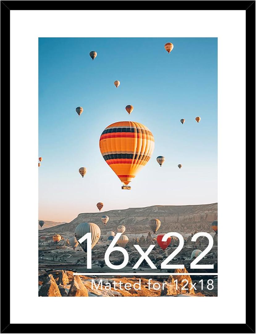 JCJMY 16x22 Picture Frame with 12x18 Mat, Display Photo 12x18 with Mat or 16 x 22 Without Mat, Wall Hanging Large 16 by 22 Poster Frame with Plexiglass, Black