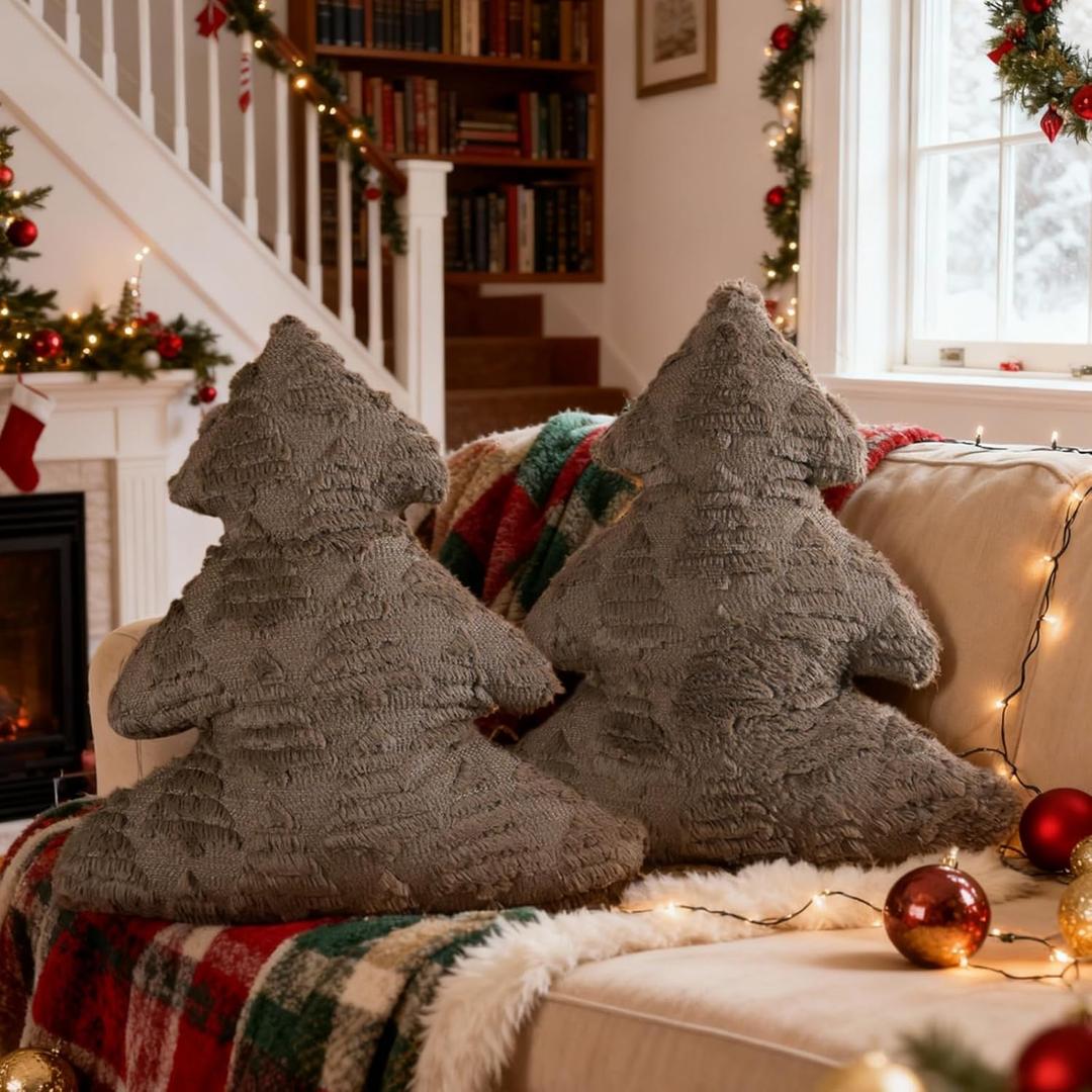 Lanpn Christmas Tree Pillows Set of 2, Tree Christmas Decoration Winter Soft Cute Xmas Tree Shaped Throw Cushion for Bedroom Couch Sofa Xmas Decor (18x16 inch, Brown)
