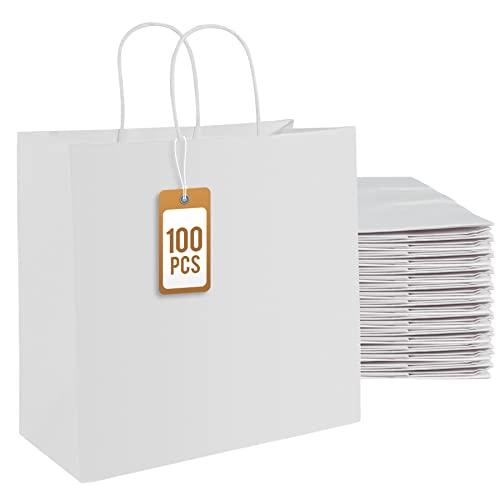 PAICUIKE 100Pcs White Kraft Paper Bags with Handles, 11x6x11 Inch Large Shopping Gift Bags for Valentine’s Day, Retail, Parties, Weddings, Birthdays, Gift Packaging