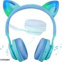 Riwbox Kids Headphones, CT-7S Cat Ear Bluetooth Headphones with LED Light, 85dB Volume Limiting, Over Ear with Microphone for Laptop/PC/TV (Blue & Green)