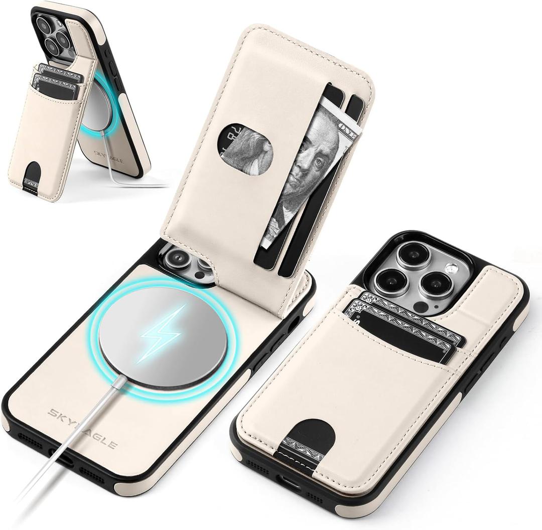 Compatible with Magsafe for iPhone 13 Pro Max Wallet Case with Card Holder Kickstand RFID Blocking Flip Cover Credit Card Slots PU Leather Men Women,Phone Case for Apple 13 ProMax,White