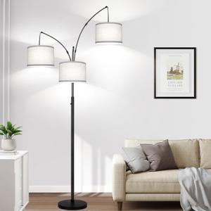 Dimmable Floor Lamp, 3 Lights Arc Floor Lamps for Living Room, Modern Tall Standing Tree Lamp with Gray Linen Shade & Heavy Base, Large Floor Lamp for Bedroom Office, 3x1000 LM LED Bulbs Included (Matte Black-Gray Linen Shades)