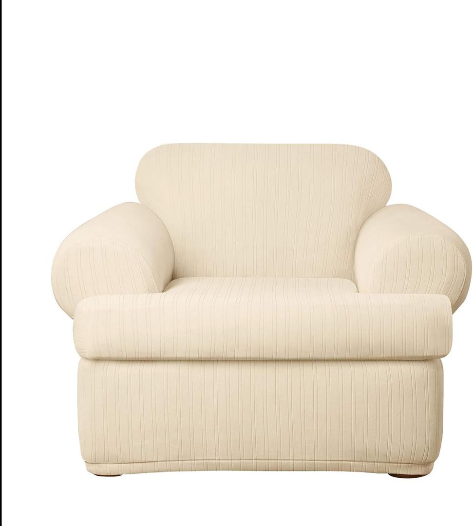 SureFit Dcor Stretch Pinstripe T-Cushion Chair Two Piece Slipcover, Form Fit, Polyester/Spandex, Machine Washable, Cream