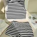 RoseSeek Girl's 2 Piece Striped Summer Outfits Textured Knit Sleeveless Crop Tank Top and Shorts Matching Set (White) 7Y 