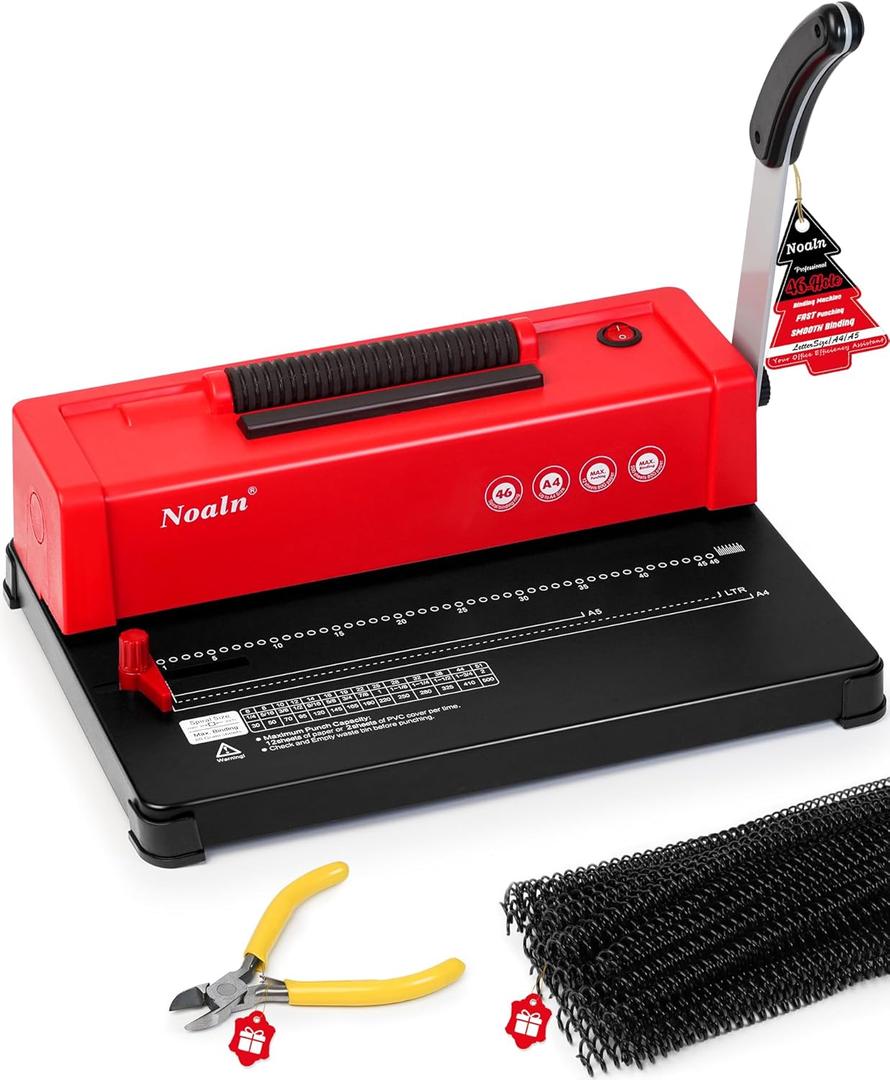 46-Hole Binding Machine Spiral Coil Binder Classic Red, DIY Book Binder Kits with Electric Coil Inserter,100pcs Comb Binding Spines, for Letter Size/A4/A5 School Office Home