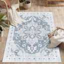 3x5 Washable Rug, Soft Non-Slip Vintage Medallion Rug, Low-Pile Printed Indoor Throw Rugs for Entryway, Kitchen, Bedroom Bedside, Entrance- Blue/Gray