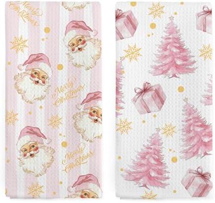 nvucamd Pink Santa Christmas Kitchen Towels Set of 2, Preppy Christmas Tree Decor Hand Towels for Bathroom, Pink Xmas Snowflake Dish Tea Towel for Kitchen, Preppy Girly Bathroom Decor, 16x24 Inch