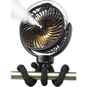 Misting Stroller Fan, 6000mAh Battery Operated Portable Fan with Light & 360 Pivoting, Personal Fans with Flexible Tripod for Baby, Office, Travel,Treadmill,Outdoors (Black)