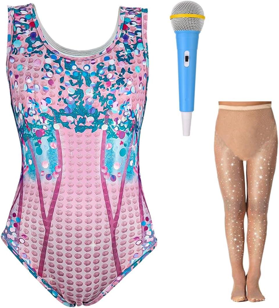 Kids Singer Star Costume for Girls Musical Dance 3D Printed Rhinestone Bodysuit Set Concert Party Cosplay  (9-10 Years, Blue)