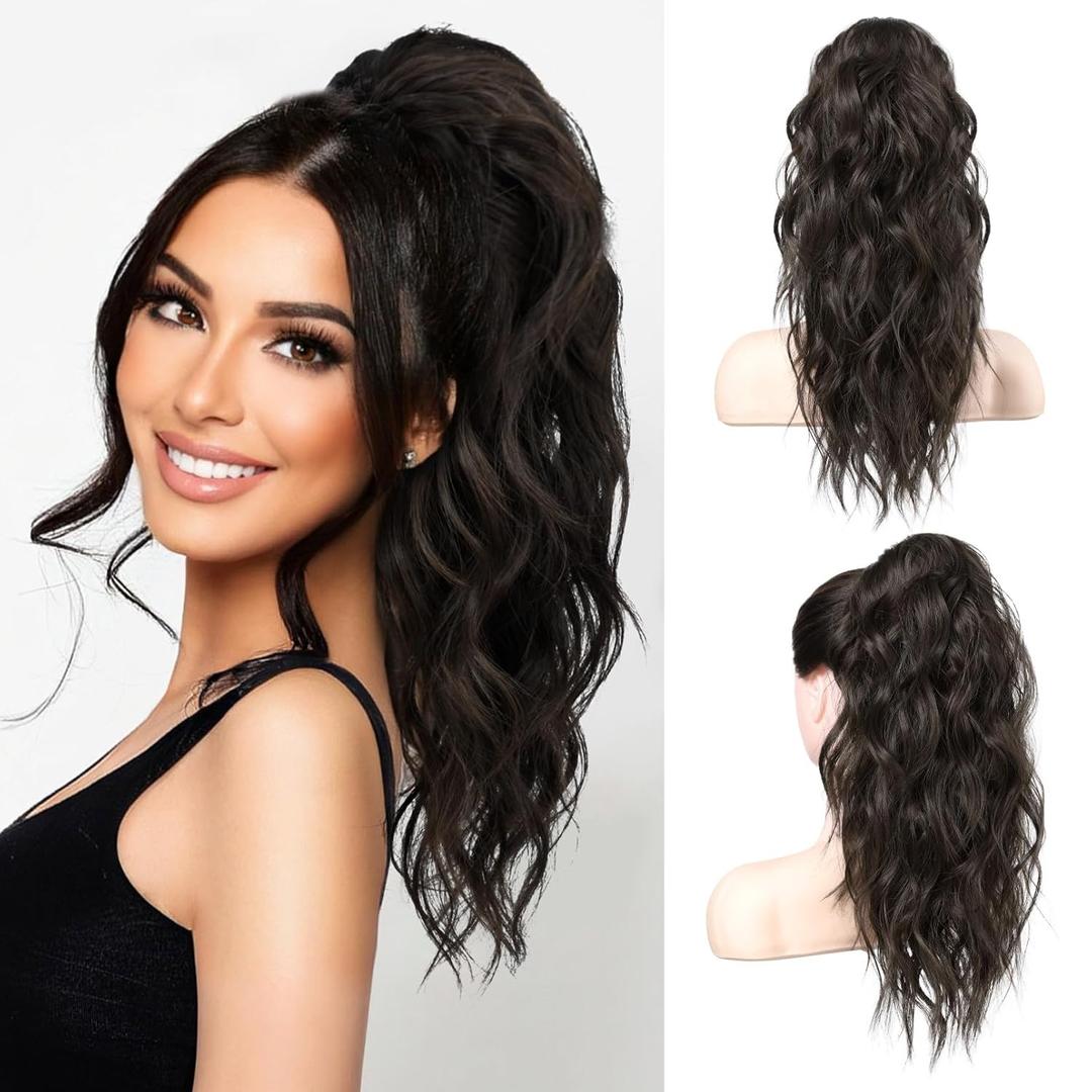 LONAI Ponytail Extension, 18" Wavy Claw Clip Ponytail Extensions ZJ001 Shoulder Length Curly Wavy Claw Clip in Ponytail Hairpiece Synthetic Fake Pony tails Hairpieces-Black Brown
