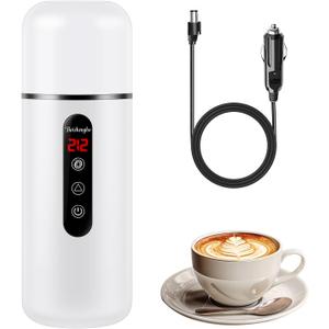 Car Kettle, Portable Electric Travel Kettle, 12V/24V Car Coffee Warmer,420ML Hot Water Heater with Built-in Magnetic Induction Stirring,Mini Hot Water Boiler for Tea Coffee Milk (White)