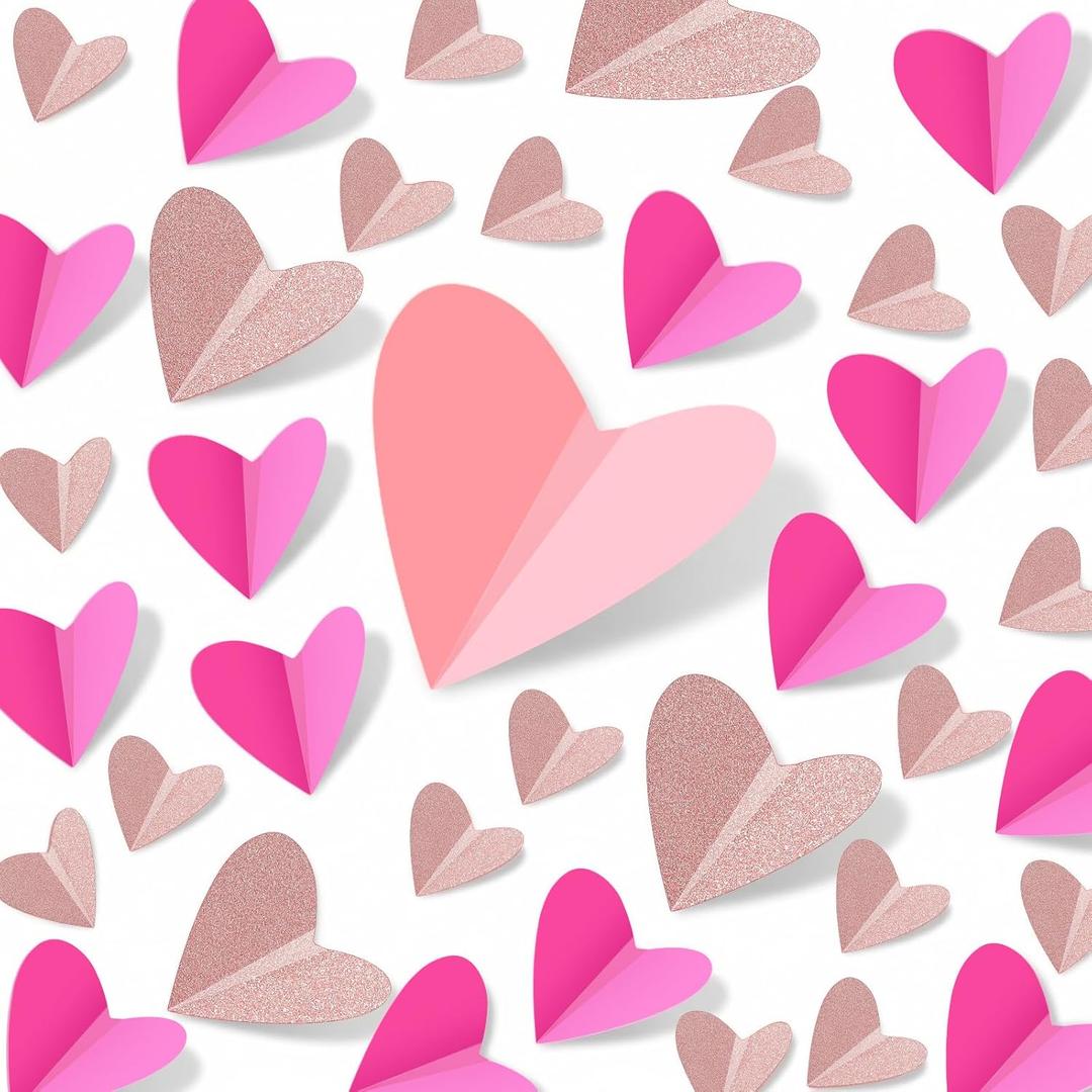 200 Pcs Heart Wall Decoration 3D Heart Stickers Glitter Paper Wall Decal for Office Bedroom Bathroom Wedding Anniversary Home Decor 4 Different Sizes(Pink and Rose Gold)